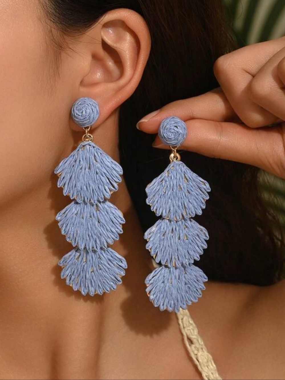 Summer is coming!  Baby blue raffia earrings; 3.5"L X 1.26"W; nwot